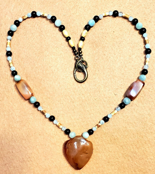 Indus Valley Carnelian Pendant: Black Tourmaline, Aquamarine & Bamboo