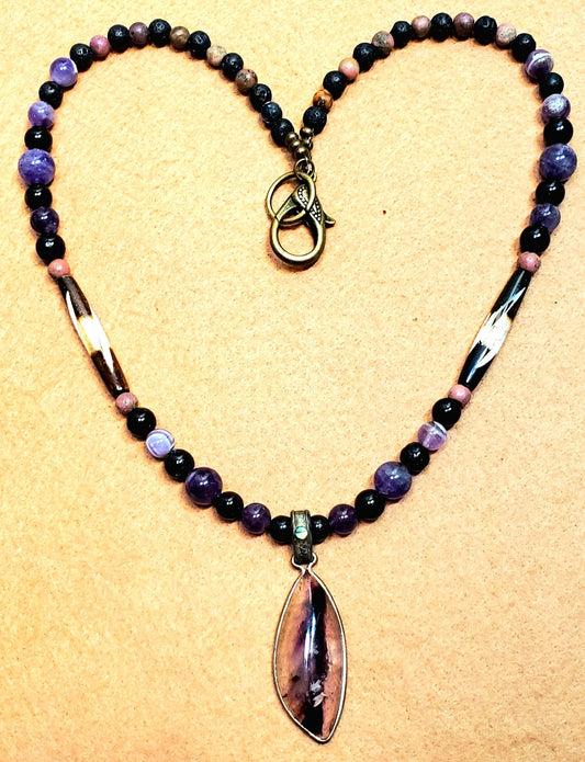 4Peaks Amethyst (rare) Cabochon: Rhodonite, Lava & Bone