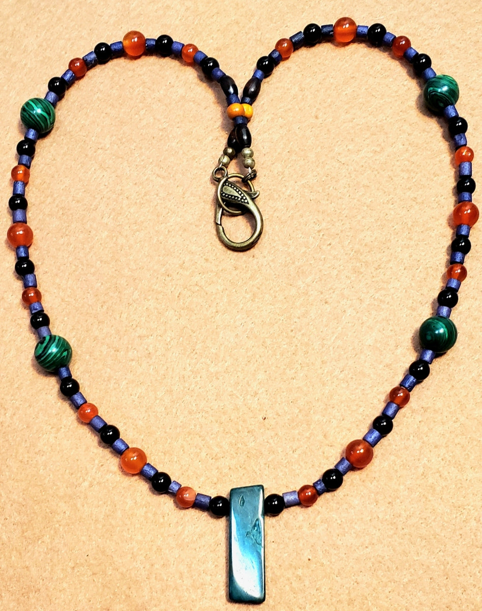 Malachite Pendant: Black Tourmaline, Carnelian, Malachite & Reed