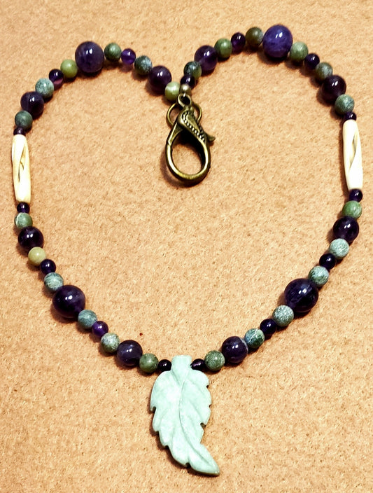 Agate Leaf Pendant: Amethyst, Jade & Bone