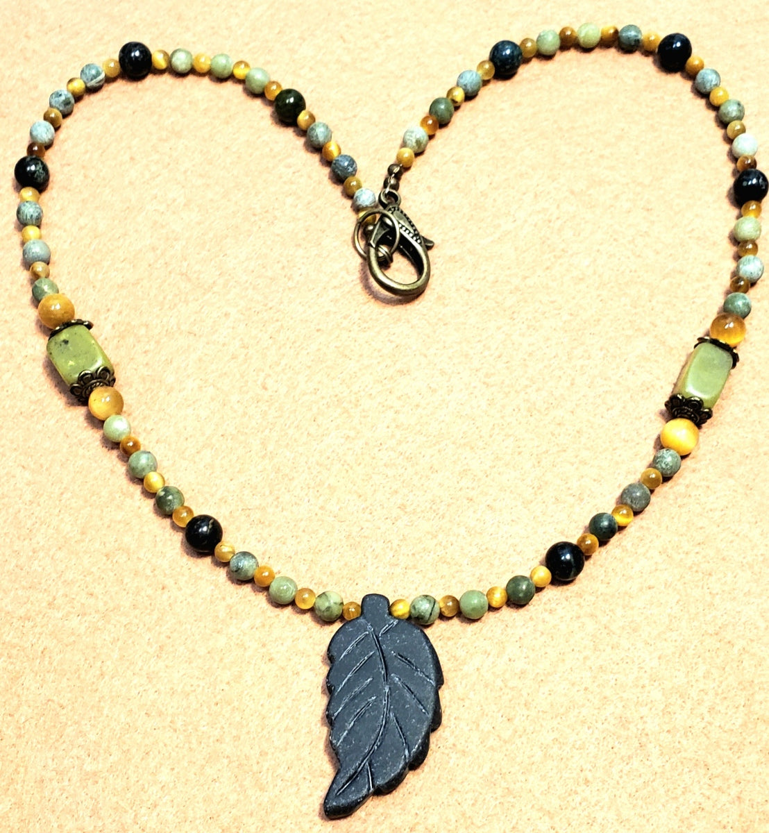 Agate Leaf Pendant: Kambaba Jasper, Yellow Tiger Eye,        & Jade