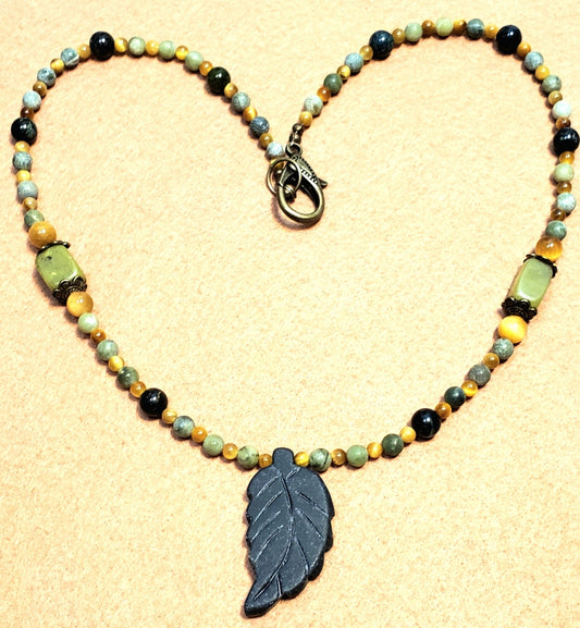 Agate Leaf Pendant: Kambaba Jasper, Yellow Tiger Eye,        & Jade