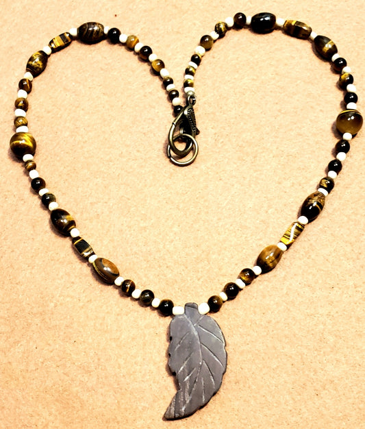 Agate Leaf Pendant: Tiger Eye & Bone