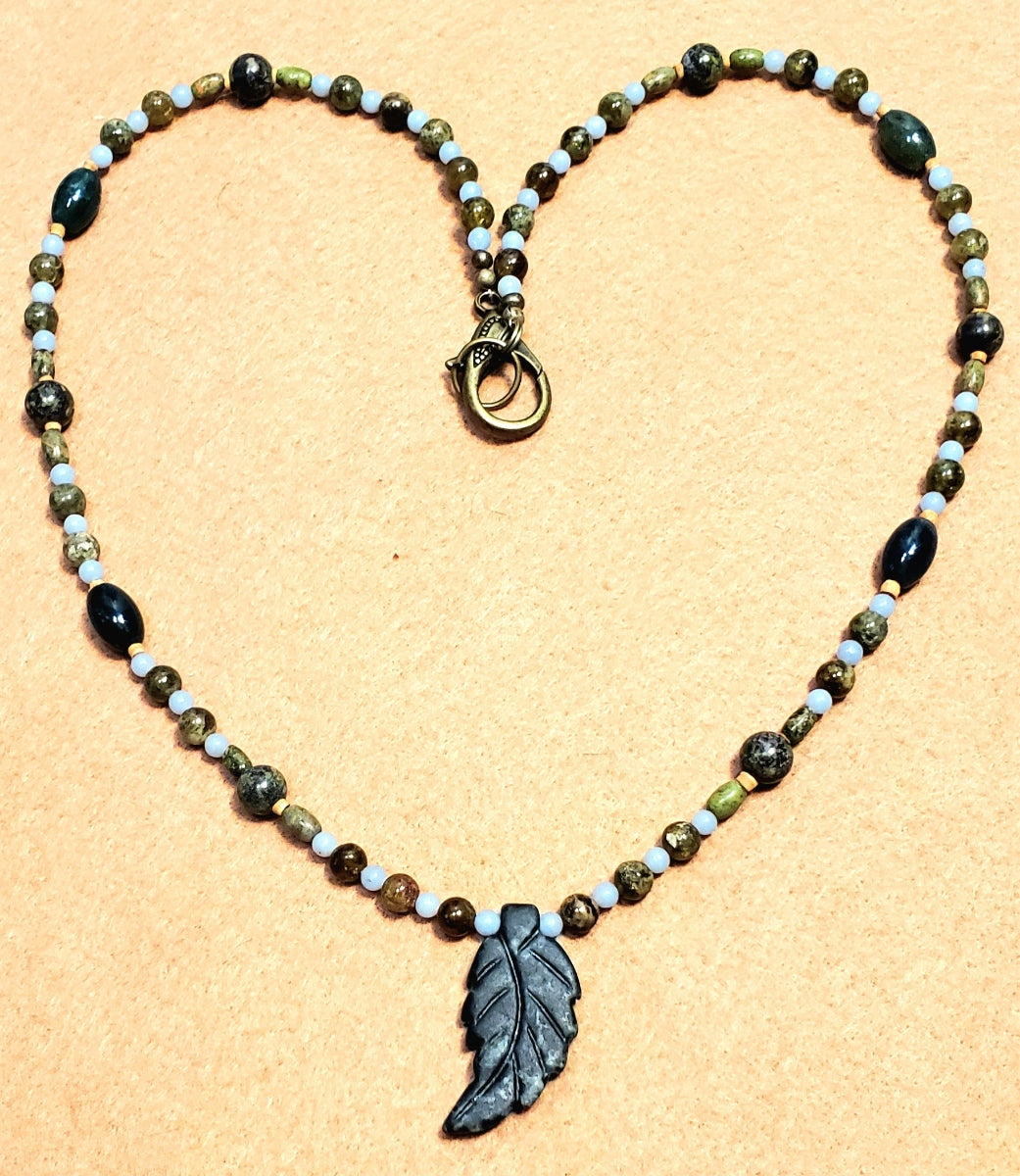 Agate Leaf Pendant: Grossular Garnet, Unakite, Angelite, Jasper & Reed