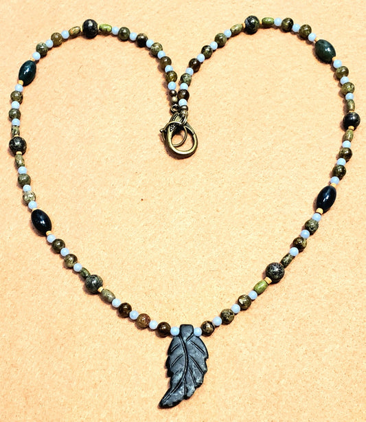 Agate Leaf Pendant: Grossular Garnet, Unakite, Angelite, Jasper & Reed