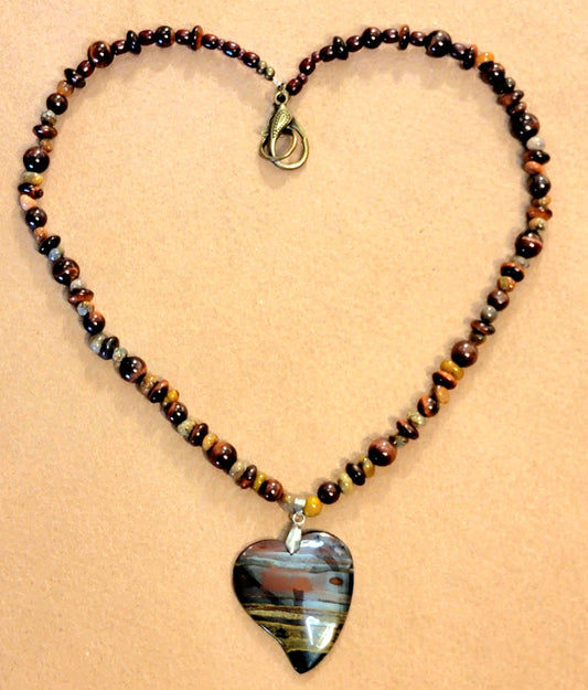 Petrified Heart Pendant:  Red Tiger Eye & Agate
