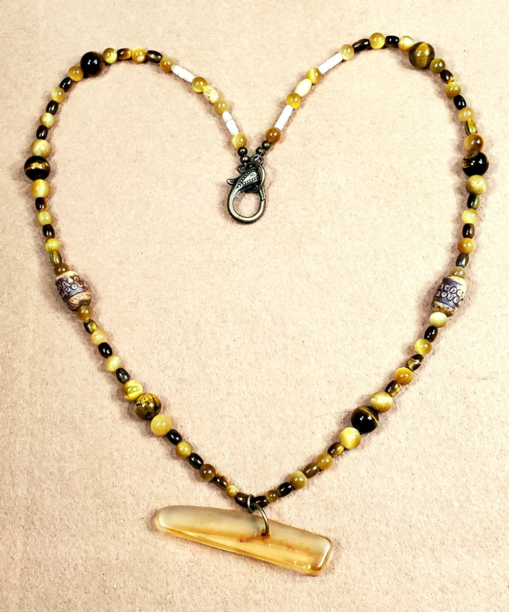 Amber Pendant;  Brown & Yellow Tiger Eye & Bone