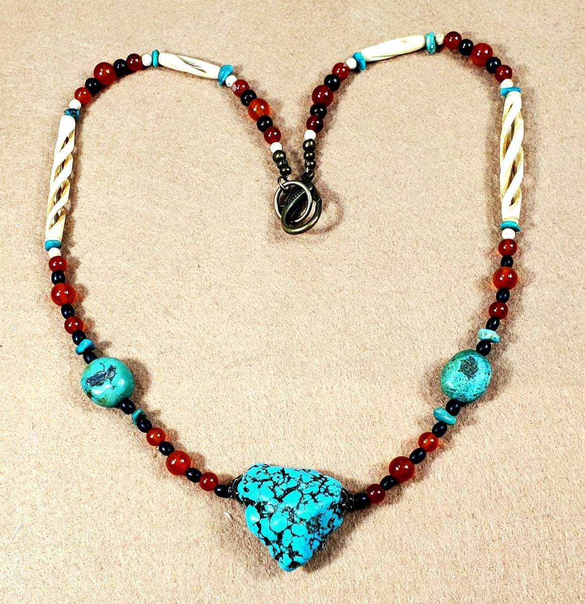 Turquoise Nugget (Large):  American Green Turquoise, Carnelian, Seed, Buffalo & Ox Bone