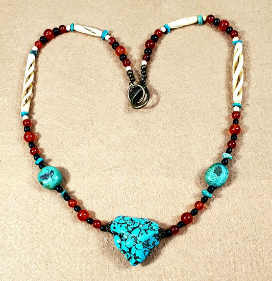 Turquoise Nugget (Large):  American Green Turquoise, Carnelian, Seed, Buffalo & Ox Bone