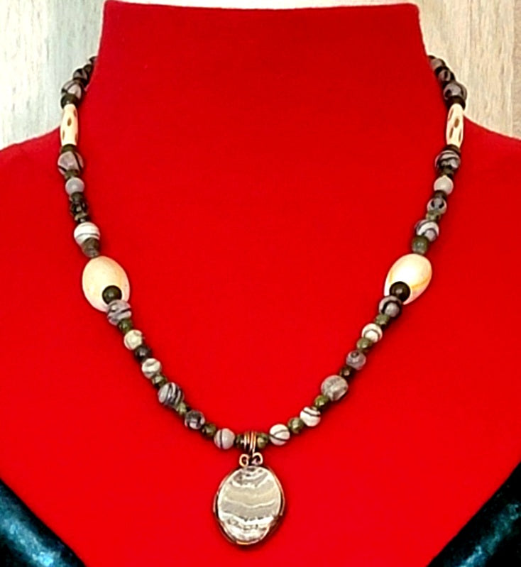 Silver Lace Onyx Pendant:  Picasso Jasper, Jade, Bone & Shell