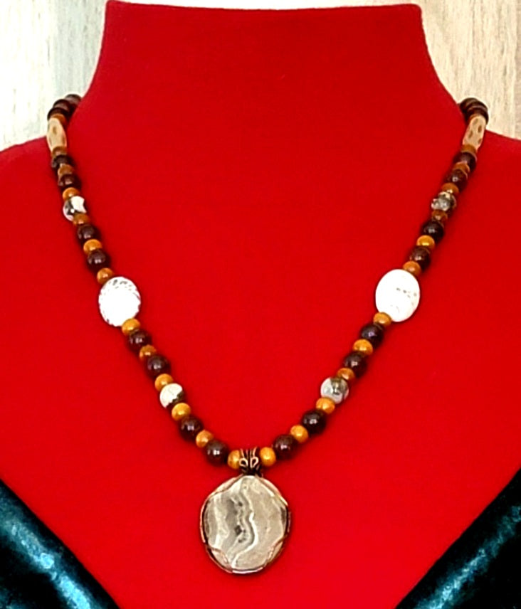 Silver Lace Onyx Pendant:  Carnelian, Blood stone, Pyrite & Bone