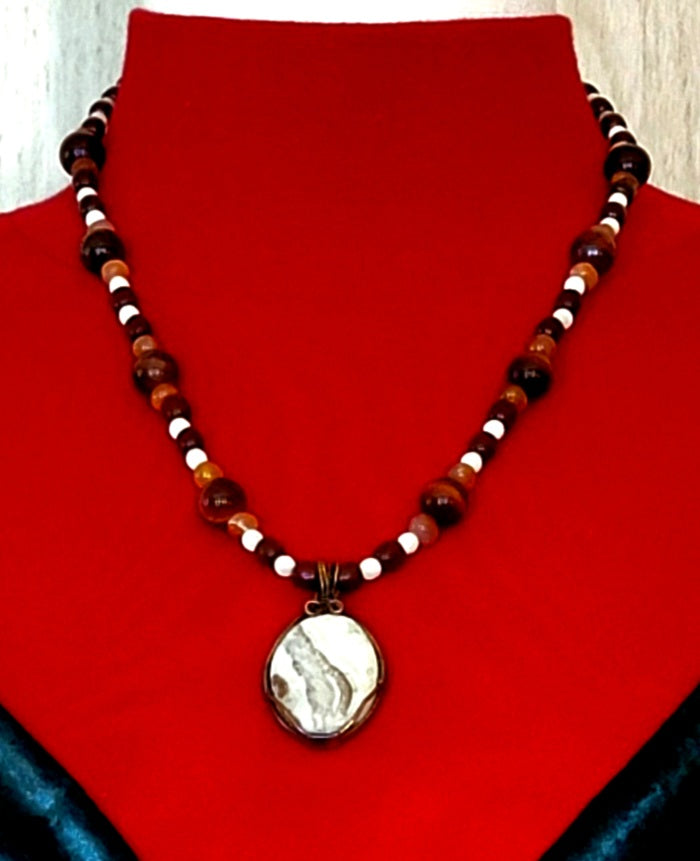 Silver Lace Onyx Pendant:  Red Tiger Eye, Carnelian & Bone