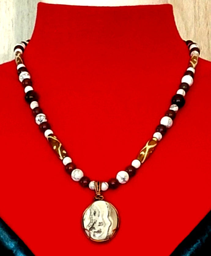 Silver Lace Onyx Pendant:  Red Tiger Eye, Blood Stone, Howlite, Bone & Seed