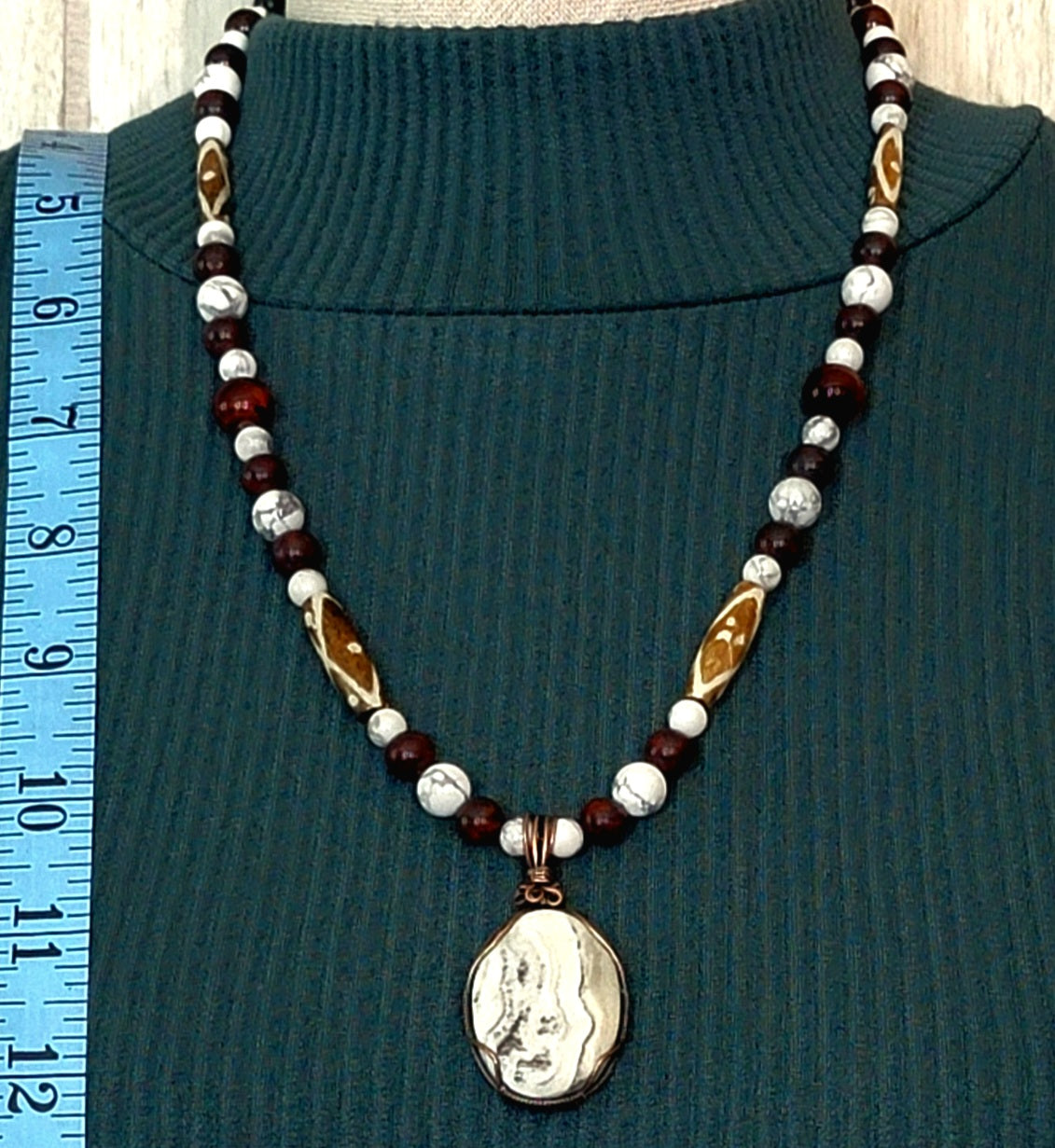 Silver Lace Onyx Pendant:  Red Tiger Eye, Blood Stone, Howlite, Bone & Seed