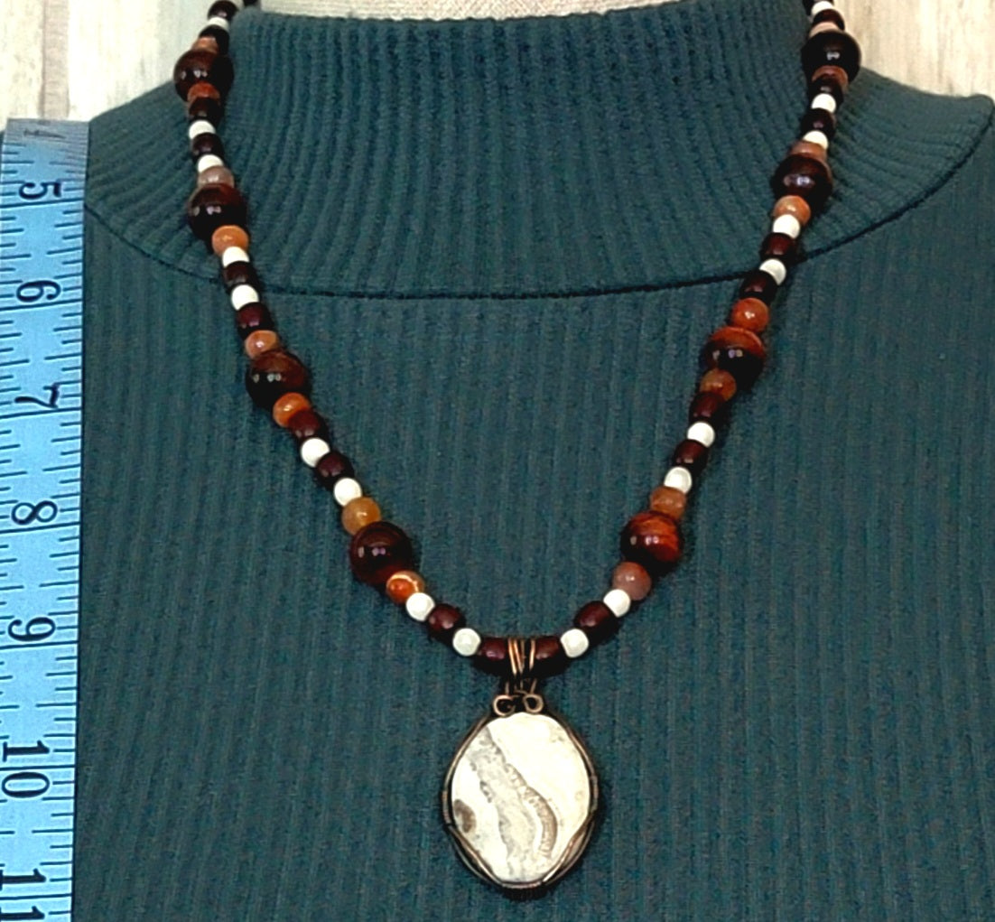 Silver Lace Onyx Pendant:  Red Tiger Eye, Carnelian & Bone
