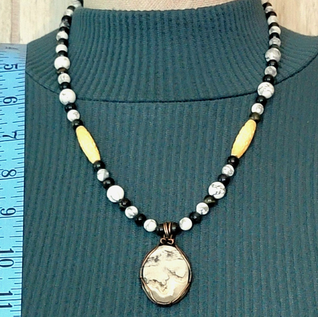 Silver Lace Onyx Pendant:  Blue Tiger Eye, Howlite & Bone
