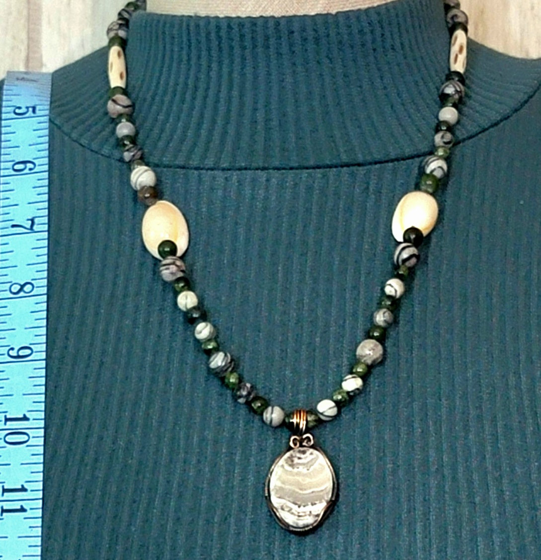 Silver Lace Onyx Pendant:  Picasso Jasper, Jade, Bone & Shell