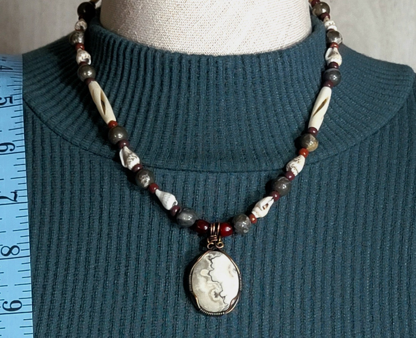 Silver Lace Onyx Pendant:  Pyrite, Shell & Bone