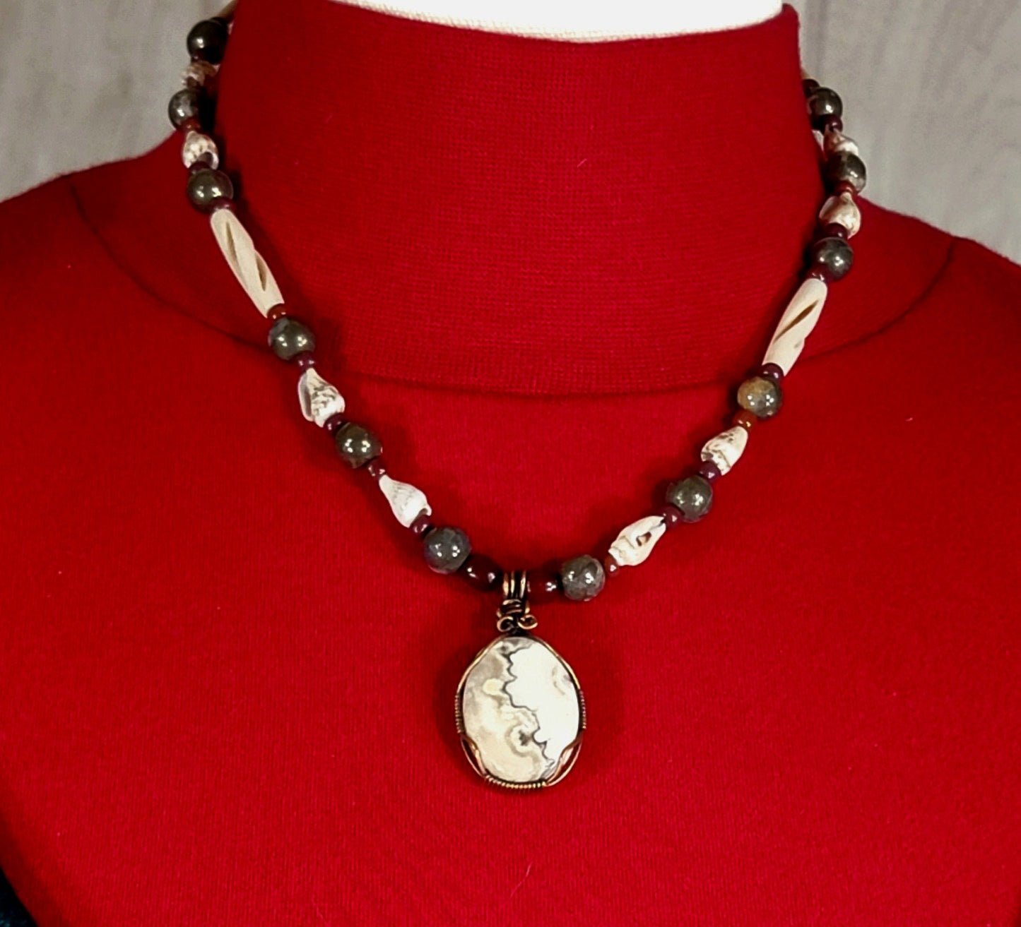 Silver Lace Onyx Pendant:  Pyrite, Shell & Bone
