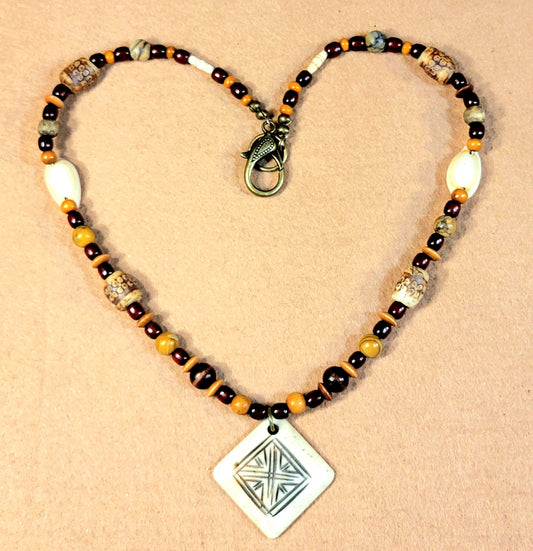 Carved Bone Pendant: Red Tiger Eye, Jasper, Bone & Shell