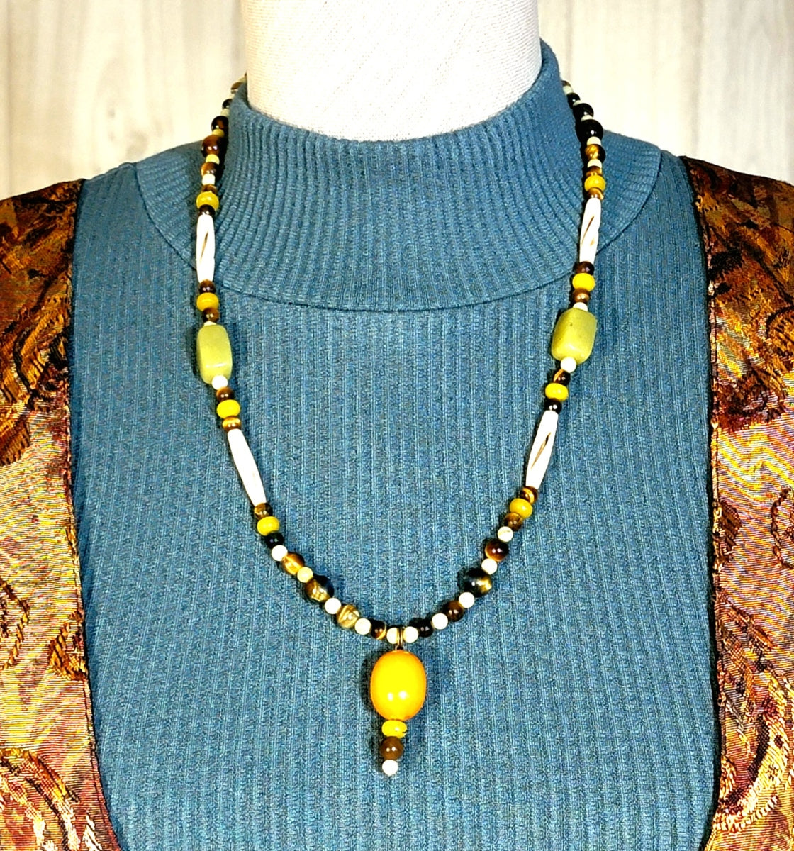 Amber Drop Bead:  Tiger Eye, Yellow Turquoise, Jade, Seed & Bone