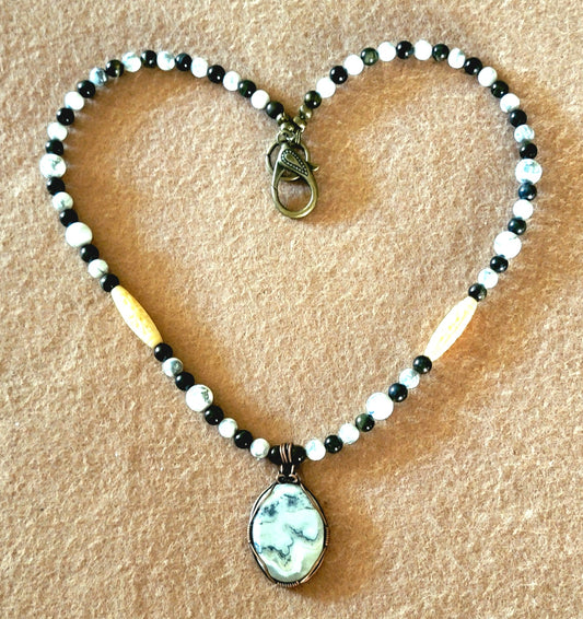 Silver Lace Onyx Pendant:  Blue Tiger Eye, Howlite & Bone