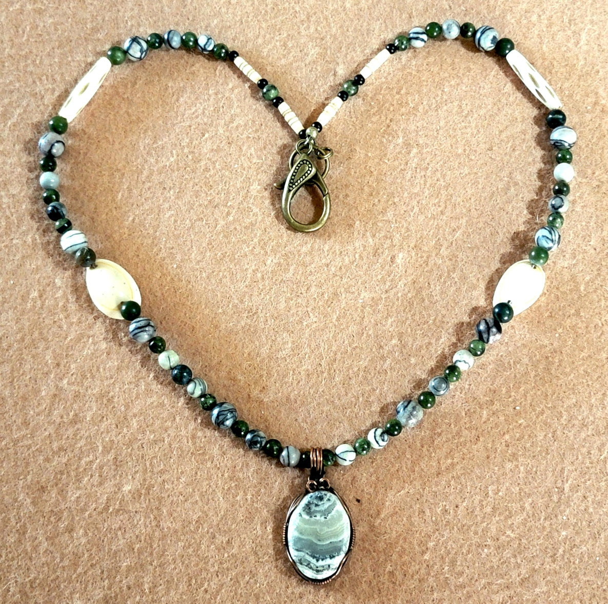 Silver Lace Onyx Pendant:  Picasso Jasper, Jade, Bone & Shell