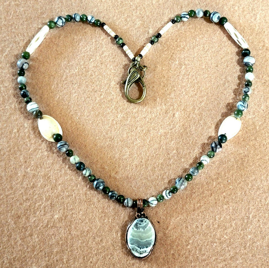 Silver Lace Onyx Pendant:  Picasso Jasper, Jade, Bone & Shell