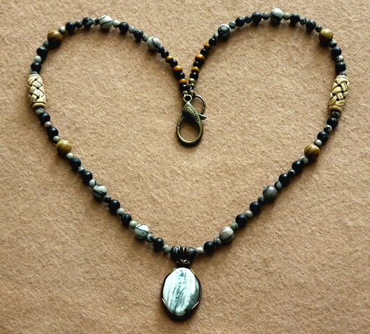 Silver Lace Onyx Pendant:  Red Tiger Eye, Blood Stone, Howlite, Bone & Seed