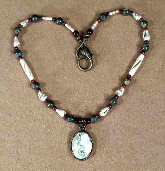 Silver Lace Onyx Pendant:  Pyrite, Shell & Bone