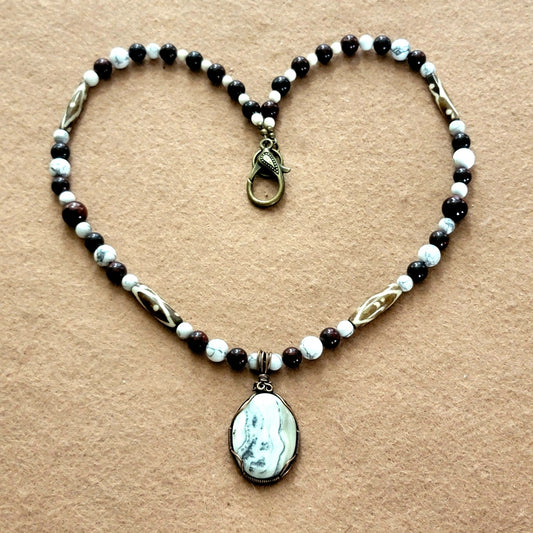 Silver Lace Onyx Pendant: Howlite, Bloodstone, Red Tiger Eye, Bone & Seed