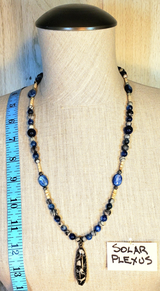 Fossil Coral Pendant: Picasso Jasper, Sodalite, Bone & Blue Kyanite