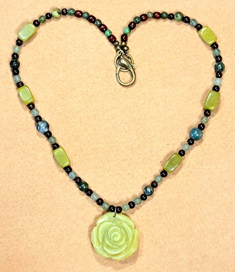 Jade Rose Pedant:  Adventurine, Garnet & Jade
