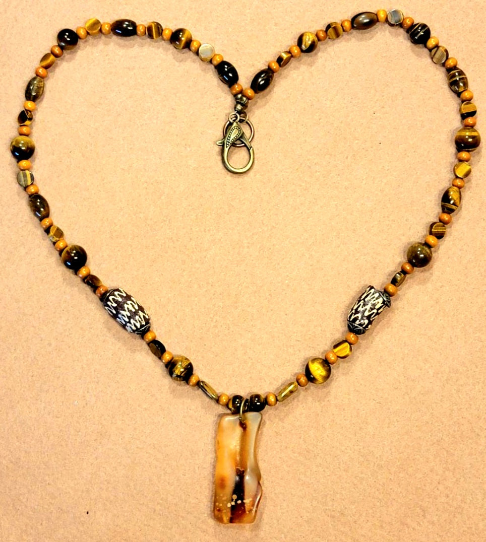 Amber Pendant: Brown Tiger Eye, Bone & Wood