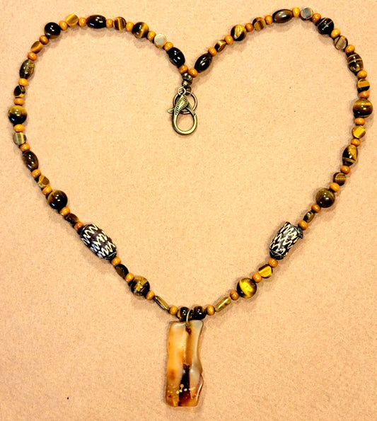 Amber Pendant: Brown Tiger Eye, Bone & Wood