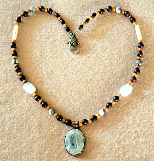 Silver Lace Onyx Pendant:  Carnelian, Blood stone, Pyrite & Bone