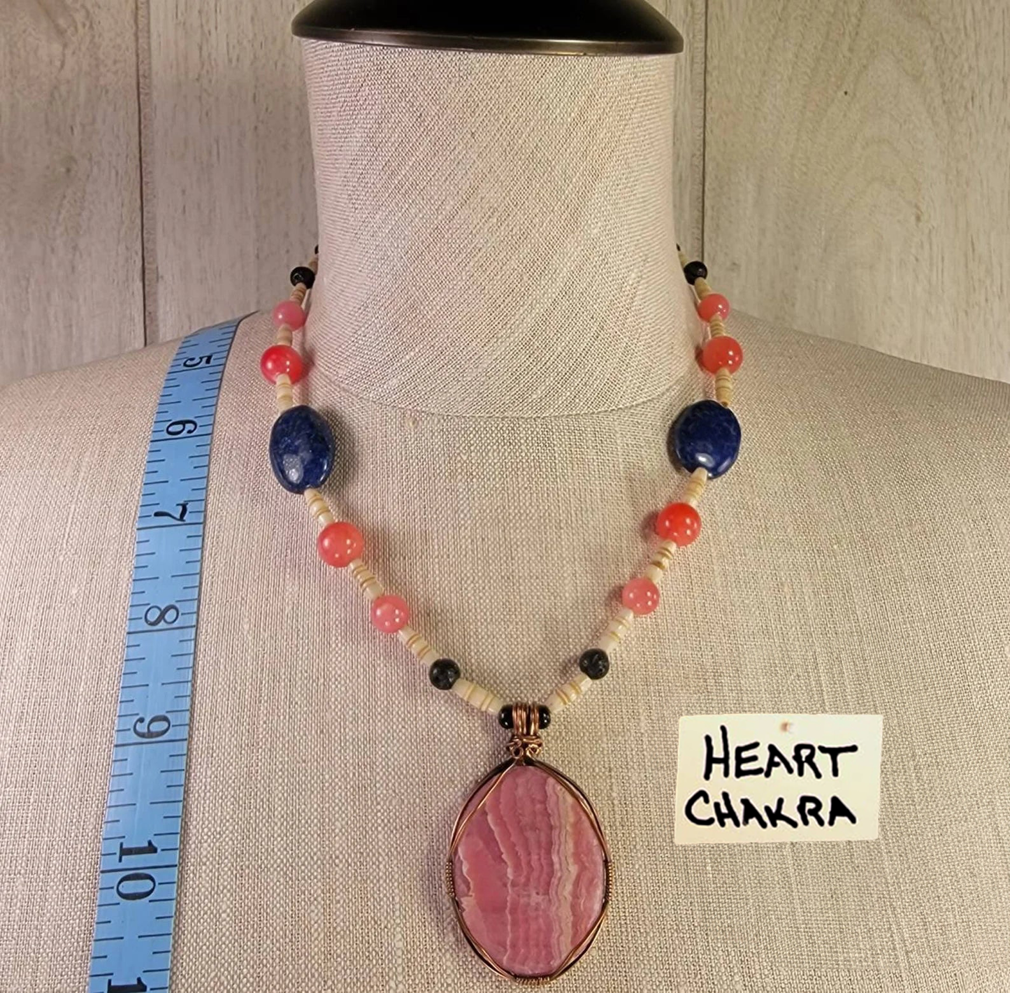 Rhodochrosite Cabochon: Rose Quartz, Lapis Lazuli, Lava and Bone beads
