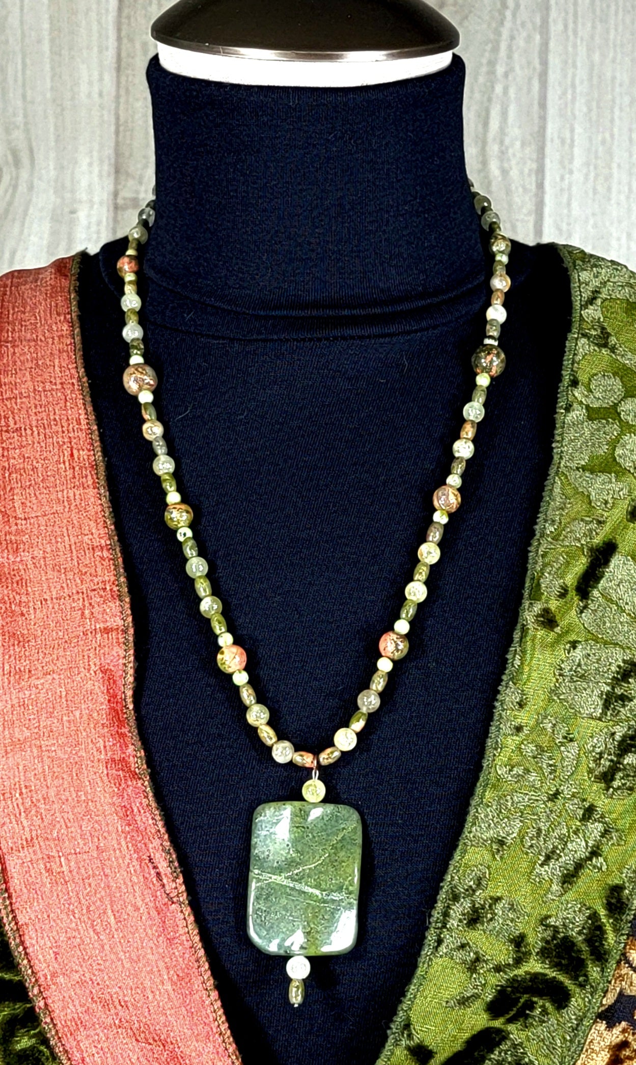 Jade Ribbon Drop Bead: Unakite Grossular Garnet & Chrysoprase