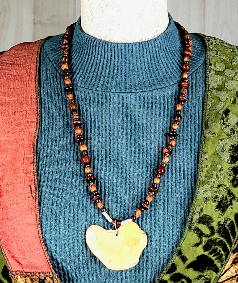 Shell Pendant: Carnelian, Red Tiger Eye, Mahogany Obsidian, Bone & Seed
