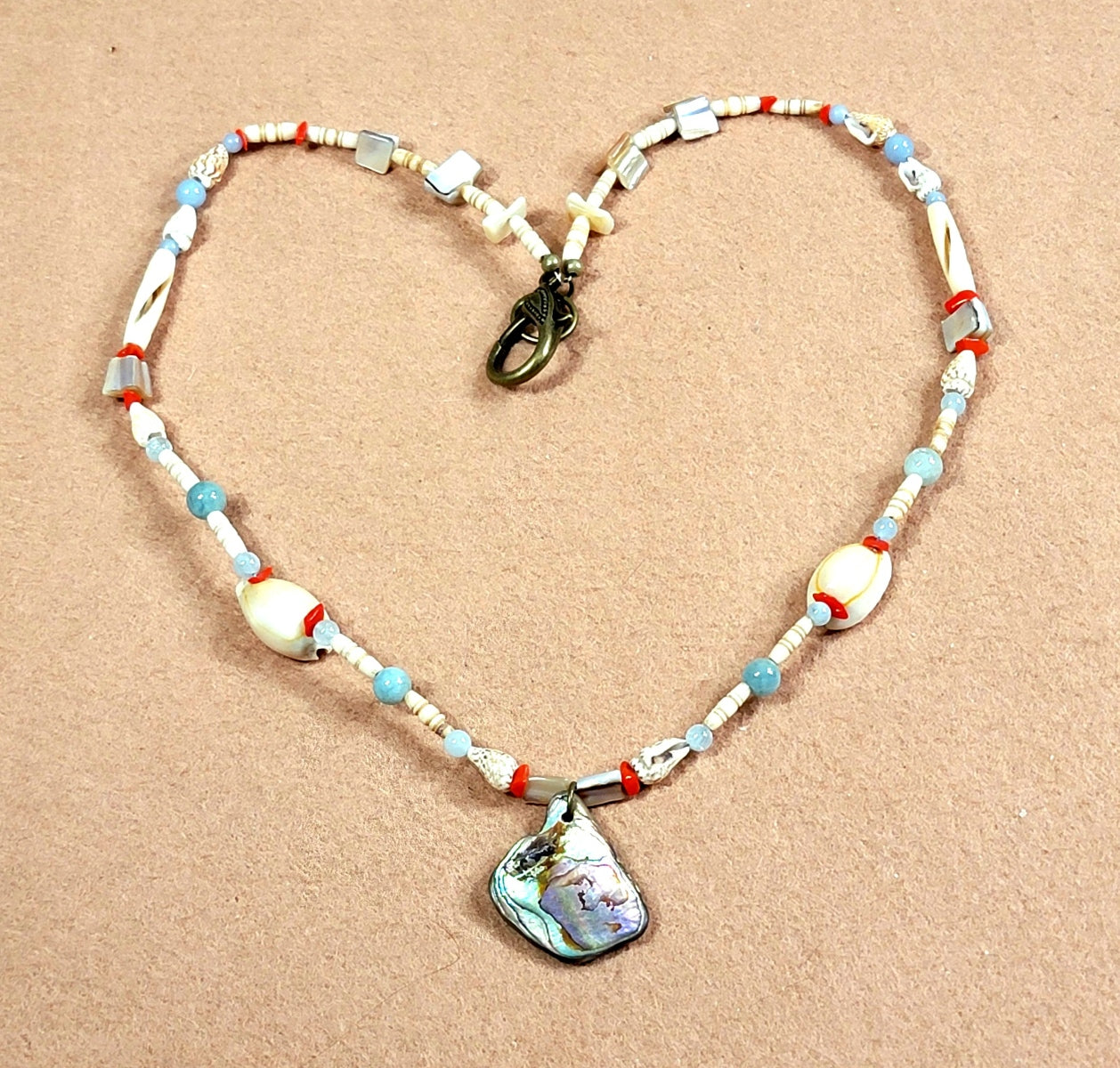 Abalone Pendant: Aquamarine, Angelite, Coral, Bone and Shell
