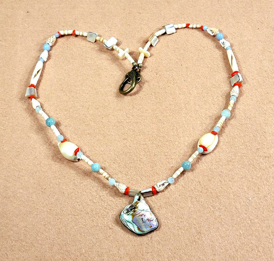 Abalone Pendant: Aquamarine, Angelite, Coral, Bone and Shell