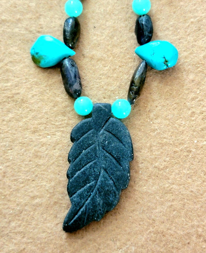 Agate Leaf Pendant: Labradorite, Opal, Turquoise & Bone