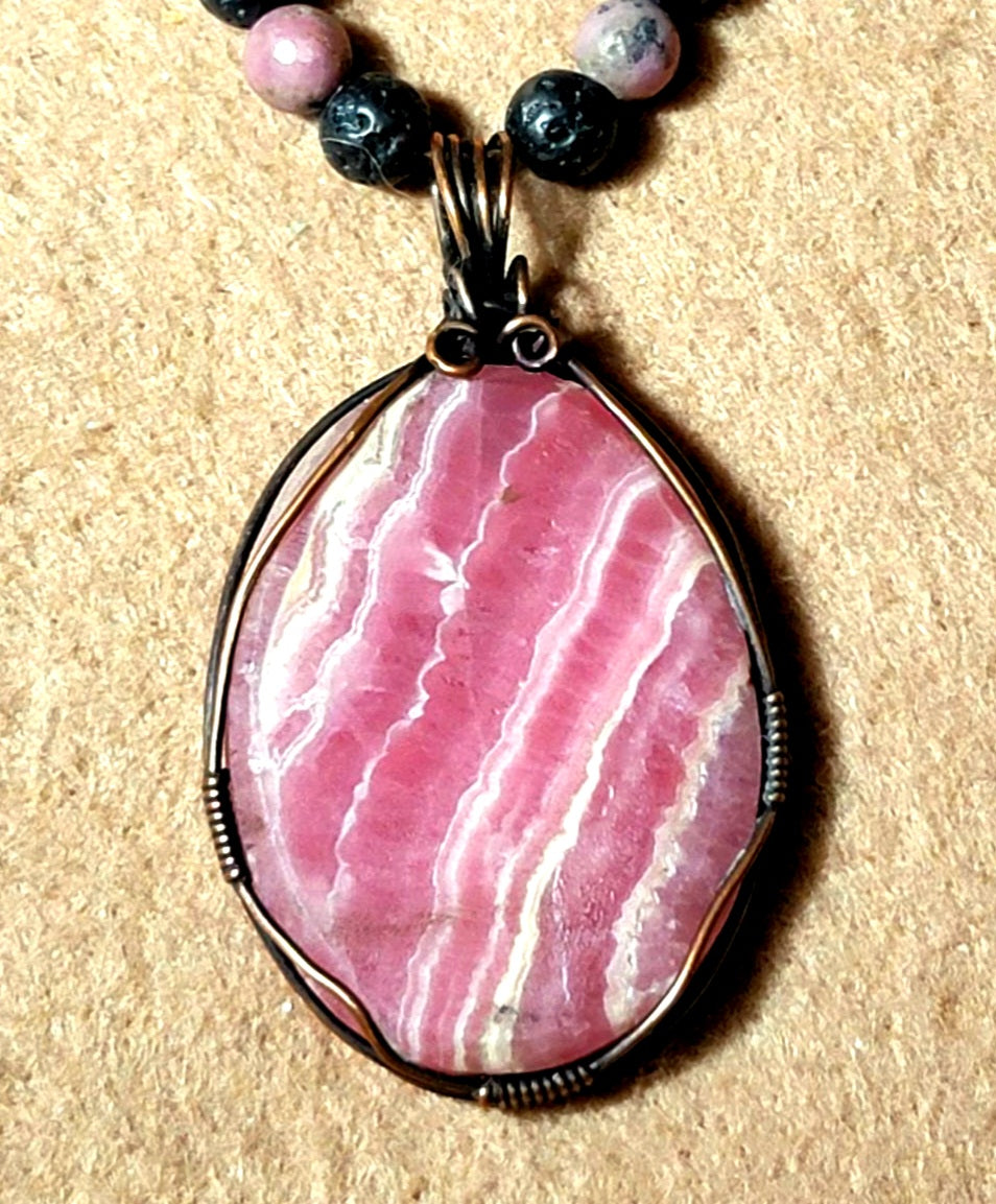 Rhodochrosite Cabochon:  Rose Quarts, Rhodonite, Lava & Seed