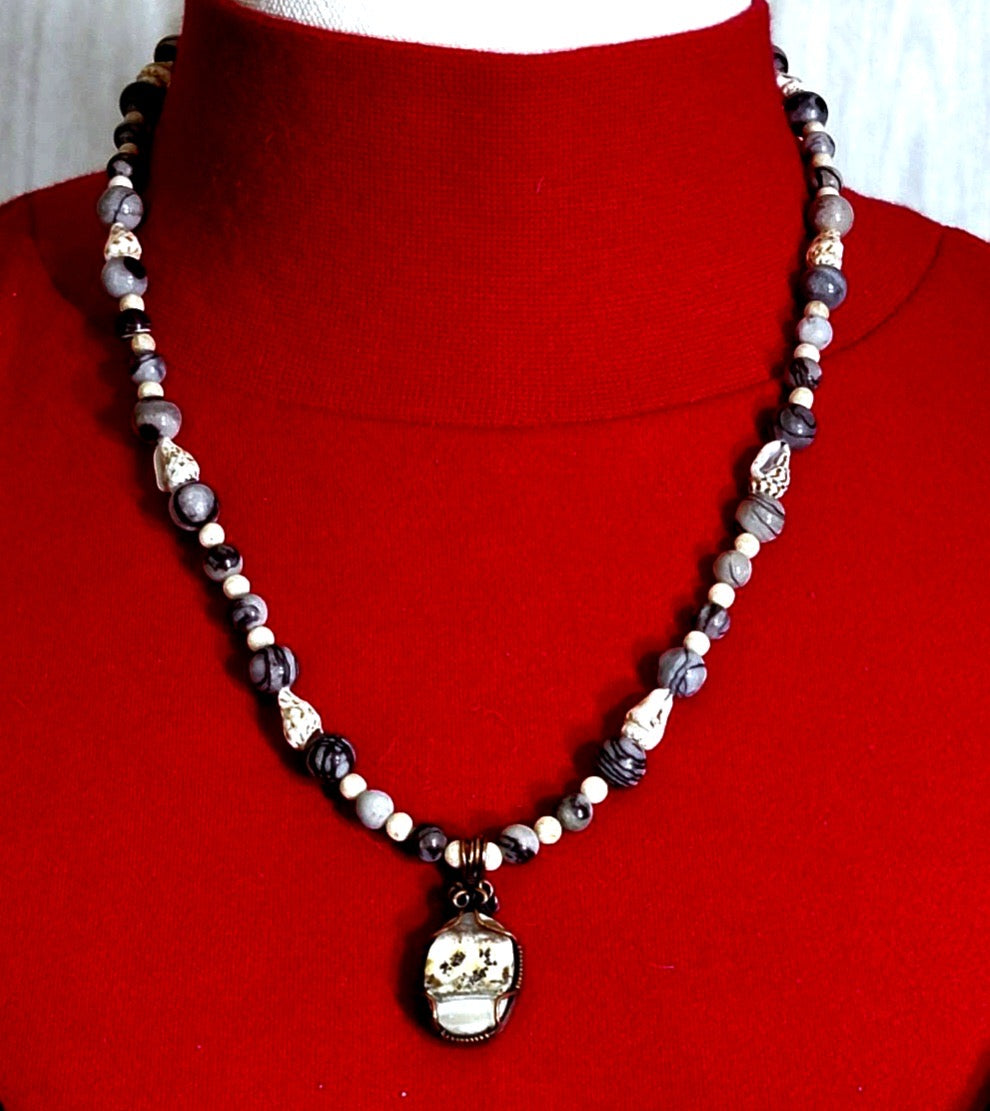 Silver Lace Onyx:  Picasso Jasper, Shell & Seed