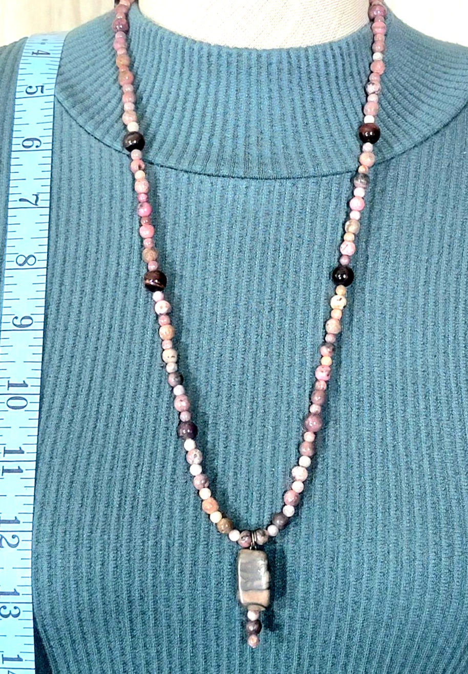 Rhodonite Drop Bead: Tourmaline, Red Tiger Eye & Rhodonite