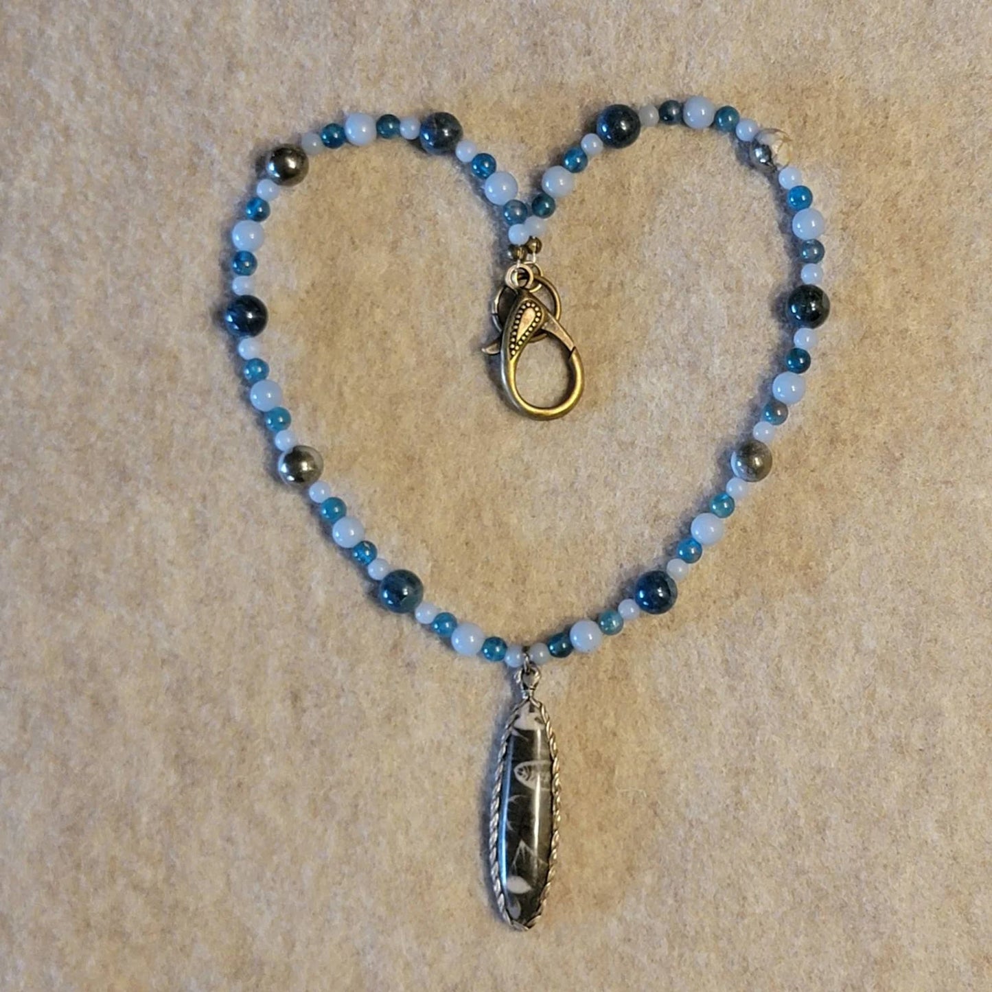 Unique Fossil Coral pendant from Baja CA with Angelite, Apatite and Pyrite beads