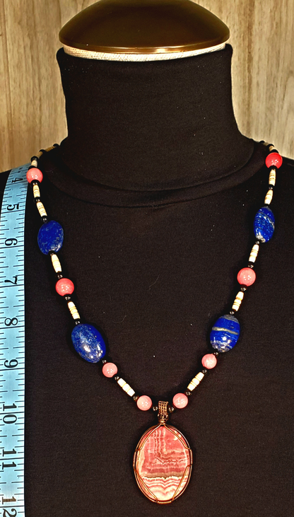 Rhodochrosite Cabochon:  Rose Quarts, Lapis & Bone