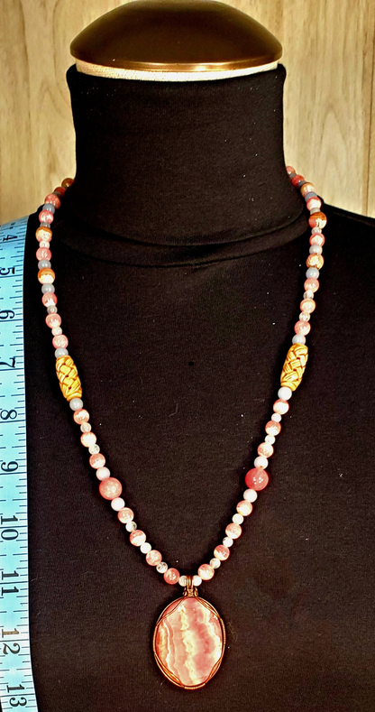 Rhodochrosite Cabochon: Aquamarine, Angelite, Rhodonite & Bone