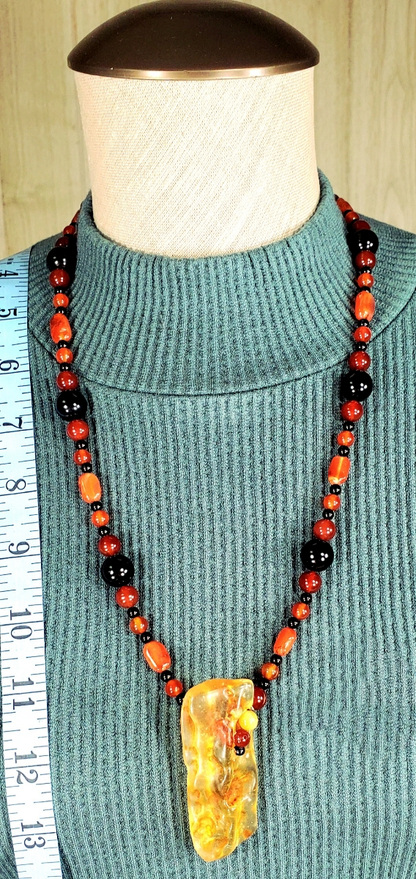 Amber Pendant:  Carnelian & Black Onyx