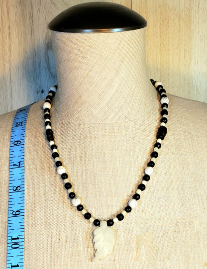 Agate Leaf Pendant: Black Tourmaline, Howlite, Bone & Lava